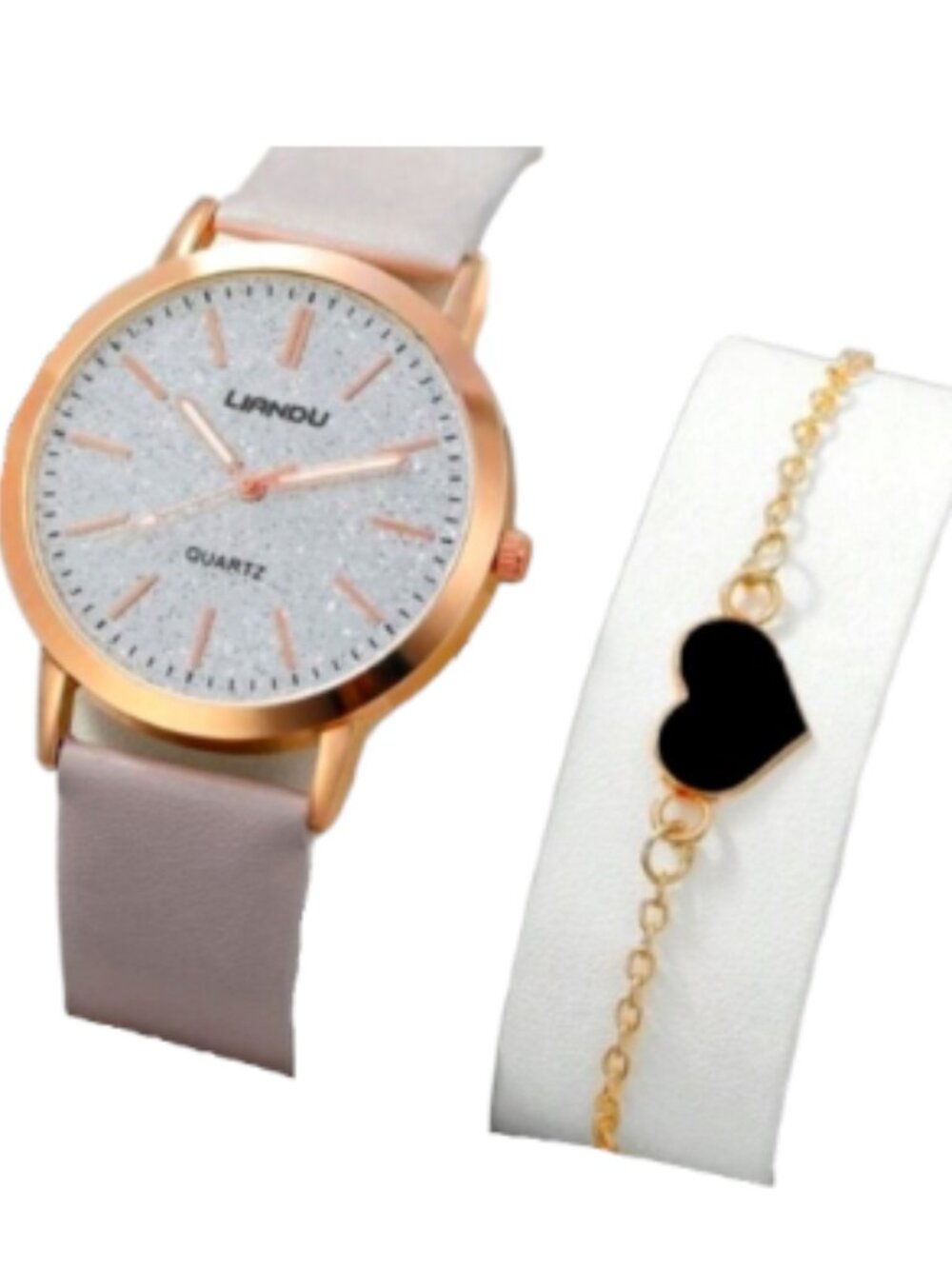 2pc Rose Gold Glitter Quartz Watch & Heart Bracelet Set